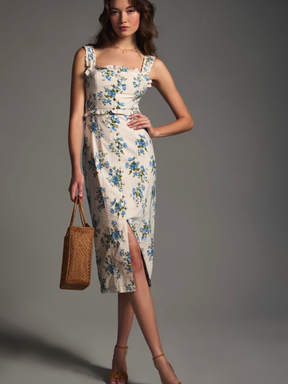 By Anthropologie - Slim Square-Neck Ruffle Buttondown Dress - Size XXS